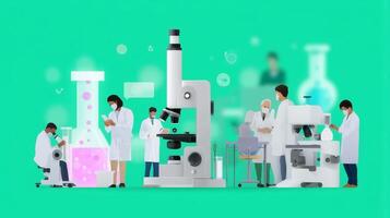 Scientists engaged in research activities using various laboratory equipment in a modern lab setting photo