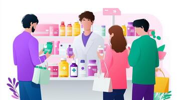 People shopping at a pharmacy while consulting with a pharmacist about health products and medications photo