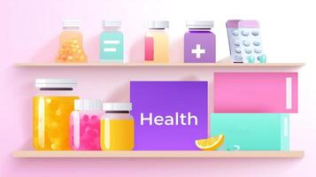 Colorful health products displayed on a shelf with various bottles and a vibrant background photo