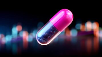 Vibrant pink capsule floating against a colorful blurred background of lights and shapes in a modern digital setting photo
