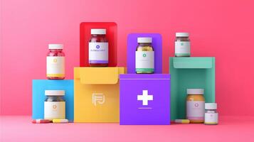 Bottles of dietary supplements arranged on colorful boxes against a vibrant pink background photo