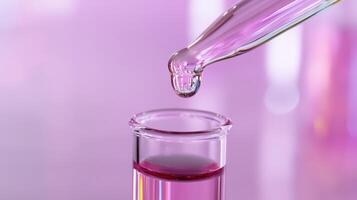 Dropper releasing liquid into test tube during a laboratory experiment with pink background photo