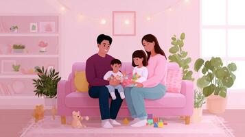 Family enjoys quality time together at home while playing and creating memories in a cozy living room filled with pastel colors photo