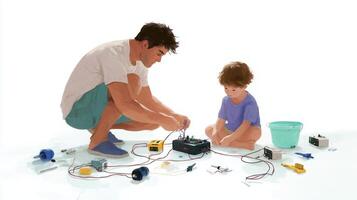 Father and child engage in hands-on learning with electronics and components at home on a weekend afternoon photo