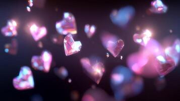 Glistening heart-shaped crystals floating in a dark background creating a magical atmosphere photo