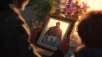 Heartfelt moment of reflection captured in a warm, intimate setting with family memories and a father figure photo