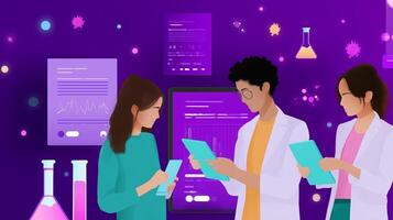 Researchers collaborate in a laboratory setting, analyzing data and discussing results in a modern scientific environment photo