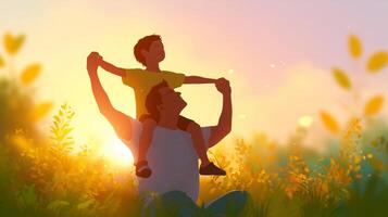 Father and son enjoying a playful moment in a sunlit field at sunset with golden flowers around them photo