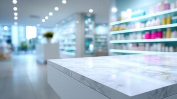 Modern pharmacy interior showcasing bright shelves and a marble countertop in a clean, well-lit environment photo