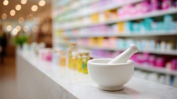 Mortar and pestle on display in a modern pharmacy with colorful shelves filled with herbal products during daylight photo