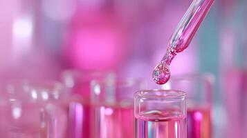 Pink liquid being dripped from a pipette into a test tube in a laboratory setting during daylight photo