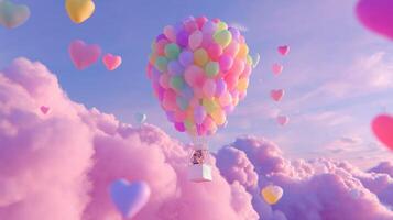 Colorful hot air balloon floating among fluffy clouds at sunset, showcasing a whimsical and joyful atmosphere filled with heart-shaped balloons photo
