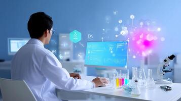 Scientist conducting research and analyzing data in a modern laboratory environment with advanced technology photo