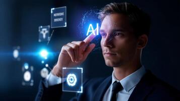 Man in business suit interacts with holographic AI interface in dark setting showcasing technology and innovation photo