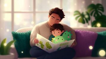 Father reading a storybook to his son on a cozy couch in a well-lit living room during a tranquil afternoon photo