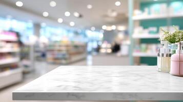 Elegant display of beauty products on a marble countertop in a bright and modern retail space photo