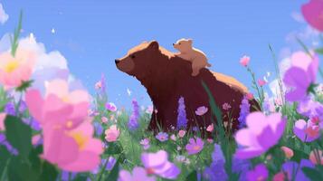 Bear and cub explore a colorful meadow filled with flowers during a sunny day in spring photo