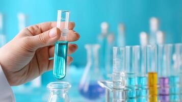 Hand holding test tube with blue liquid above a flask in a colorful laboratory setting photo
