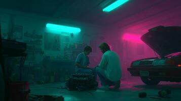 Mechanics work together on car engine in garage at night with colorful neon lights enhancing the atmosphere photo