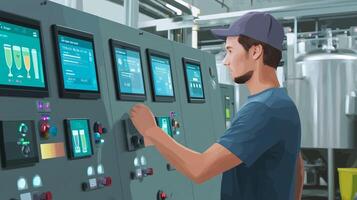 Operator monitors brewing equipment during production in a modern brewery facility at daytime photo