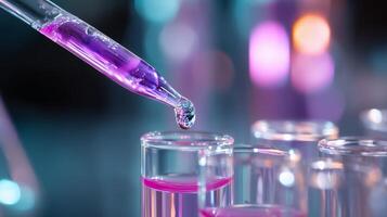 Colorful liquid science experiment with dropper and test tubes in laboratory setting during evening hours photo