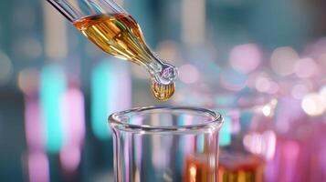Droplet of liquid about to fall into a glass container during a laboratory experiment in a modern science lab photo