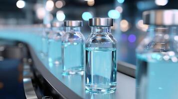Bottles containing liquid on a conveyor belt in a modern laboratory setting during the daytime photo