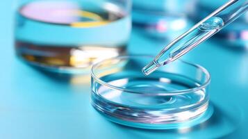 Dropping liquid from pipette into dish for scientific experiment in laboratory setting photo