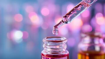 Colorful dropper pouring liquid into a small vial lit by soft, vibrant background lights in a laboratory setting photo