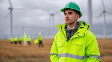 Young engineer stands confidently on wind farm site during cloudy day while workers complete installation tasks in background photo