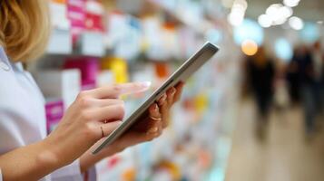Woman interacts with digital tablet in a modern store while browsing various products on display photo