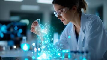 Scientist conducts an experiment in a modern laboratory using colorful liquids at night photo