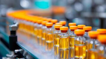 Vials of pharmaceutical liquid being processed on a production line in a factory setting during daylight hours photo