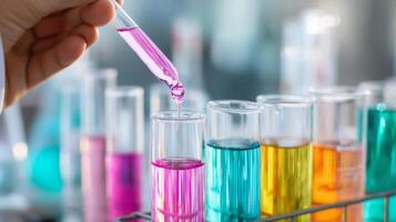 Mixing colorful solutions in laboratory test tubes during a science experiment on a bright day photo