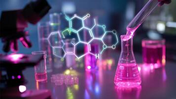 Laboratory setting with glassware and neon chemical structures being analyzed during a science experiment photo