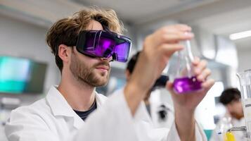 Scientist conducts experiment wearing virtual reality goggles in modern laboratory setting photo