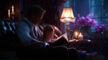 Cozy reading moment between a father and daughter in a warmly lit library photo