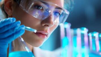 Scientist conducting research in laboratory with blue liquids and precise instruments during evening hours photo