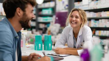 Pharmacist and customer enjoying a friendly consultation in a modern pharmacy during the day photo