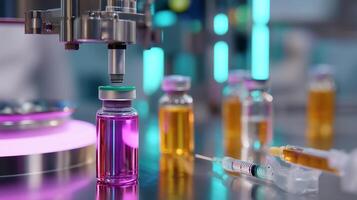 Detailed view of a sophisticated lab setup for vaccine preparation with colorful vials and advanced equipment photo