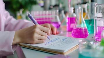 Researcher conducts experiments and takes notes in a colorful laboratory during the afternoon photo
