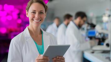 Smiling scientist holds tablet in modern laboratory during research experiment with colleagues photo
