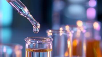 Dropping liquid from a pipette into a glass test tube during a laboratory experiment with colorful liquids photo