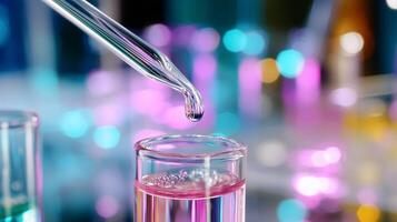 Colorful liquid science experiment with pipette dripping into test tube in laboratory setting photo