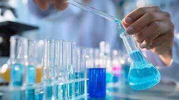 Scientist conducting experiments with colorful liquids in a laboratory setting during daytime photo