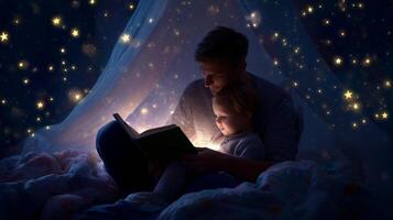 Father and child share a cozy reading moment under a starry night sky with soft lighting photo