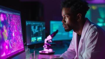 Scientist analyzing colorful samples under varying light conditions in a laboratory at night photo