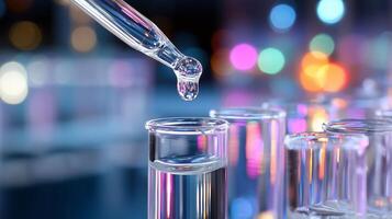 Droplet from pipette falls into test tube in laboratory at night under colorful lights photo