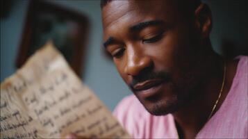 Man reading a handwritten letter with deep focus during the afternoon at home photo