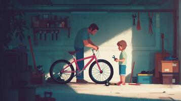 Father and son bonding moment in a garage while fixing a pink bicycle during a sunny afternoon photo